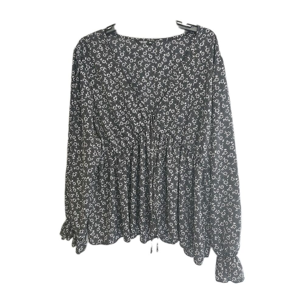 SHEIN Black Floral V-Neck Balloon Sleeve Boho Babydoll Top Womans Plus Size 3XL‎